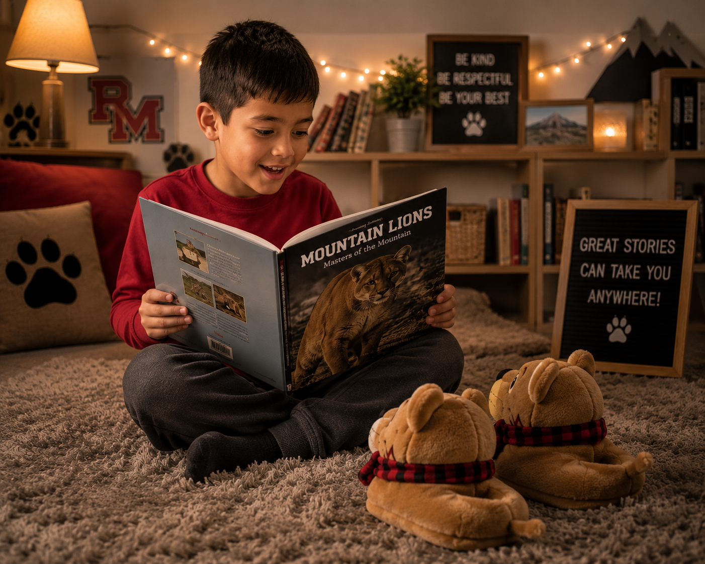 Elementary student reading Mountain Lions: Masters of the Mountain, wearing Mountain Lion plush slippers.