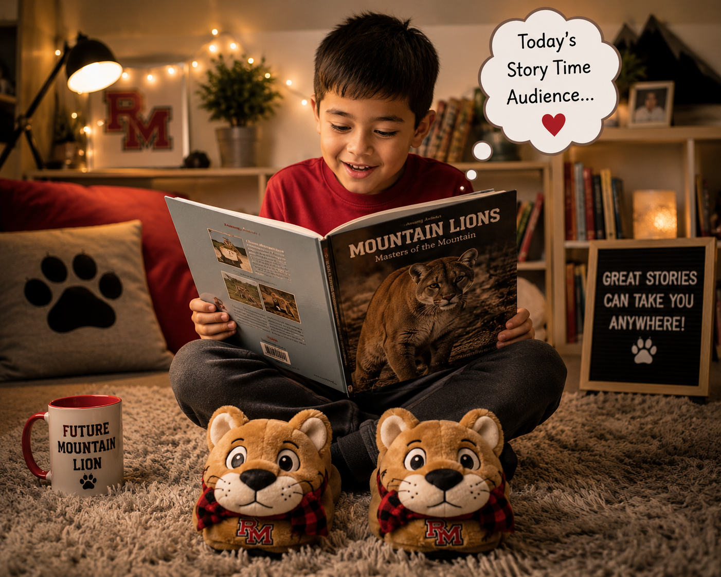 Elementary student reading with a 'Future Mountain Lion' mug and slippers.