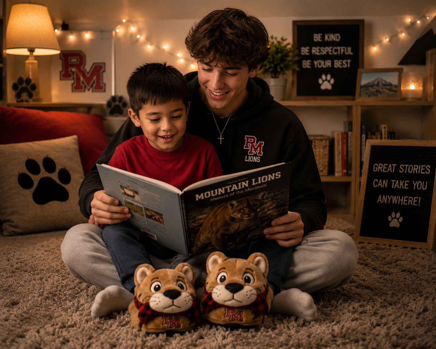 Red Mountain High School student reading with elementary child — both wearing Mountain Lion slippers.