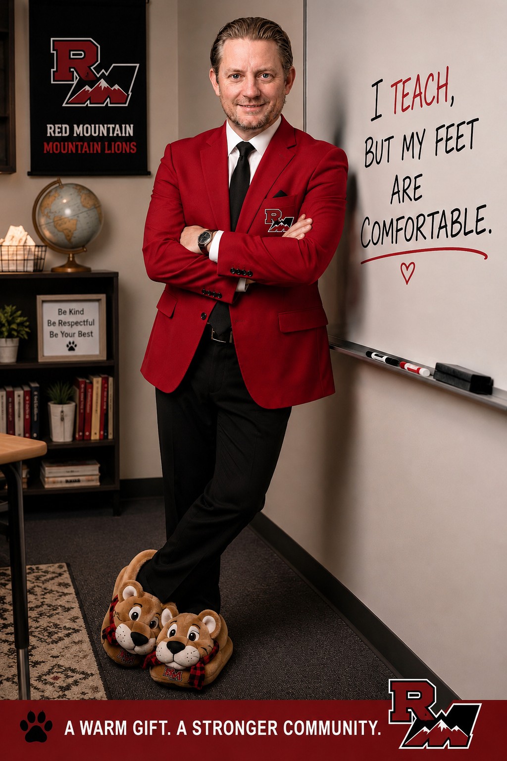 Dr. Matthew Lewis, PsyD in his classroom — RM Mountain Lions banner, red blazer, Mountain Lion character slippers on his feet. Whiteboard reads: I teach, but my feet are comfortable.