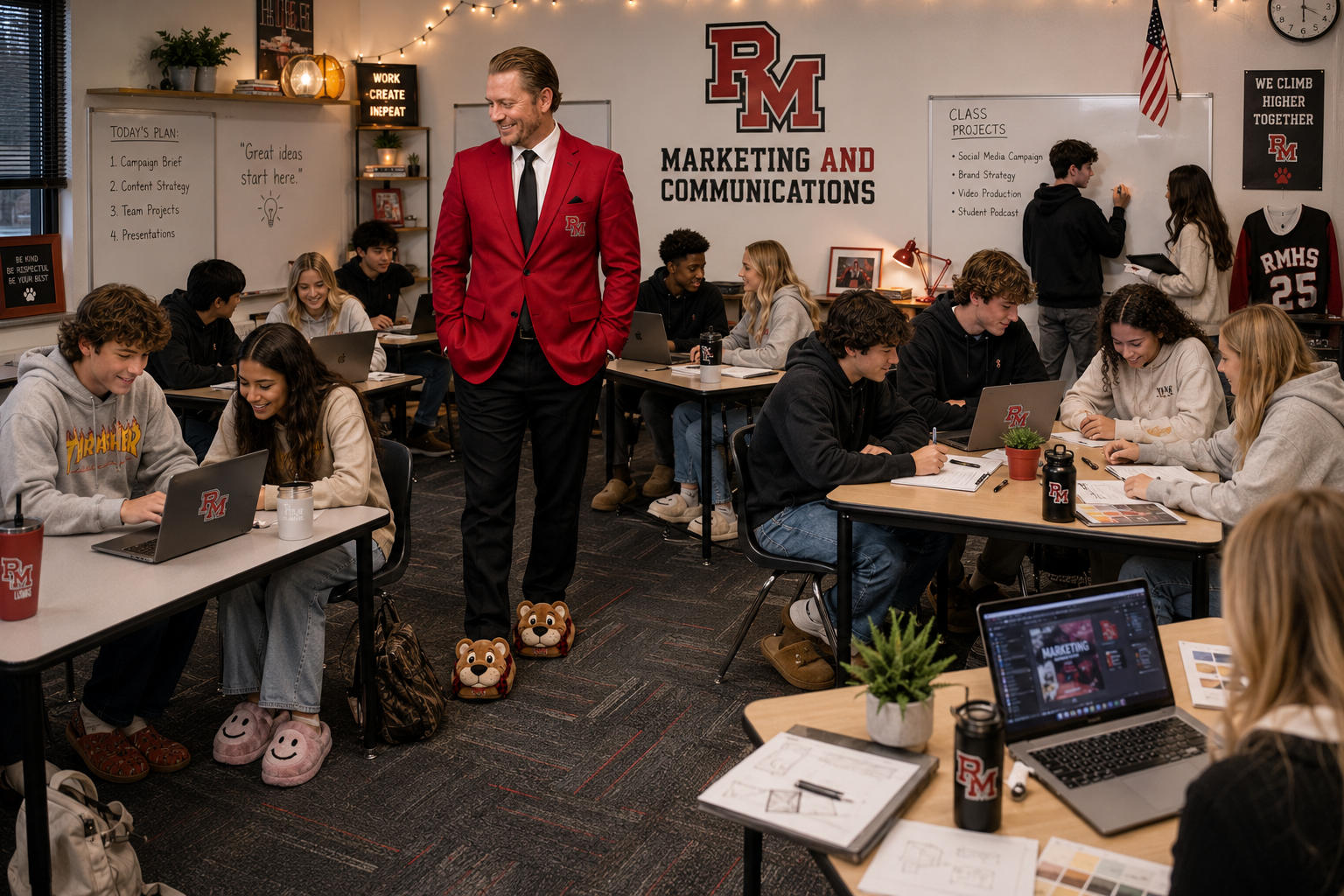 Dr. Lewis teaching in the RM Marketing and Communications classroom. Students on laptops with campaign briefs and content strategy on the whiteboards.