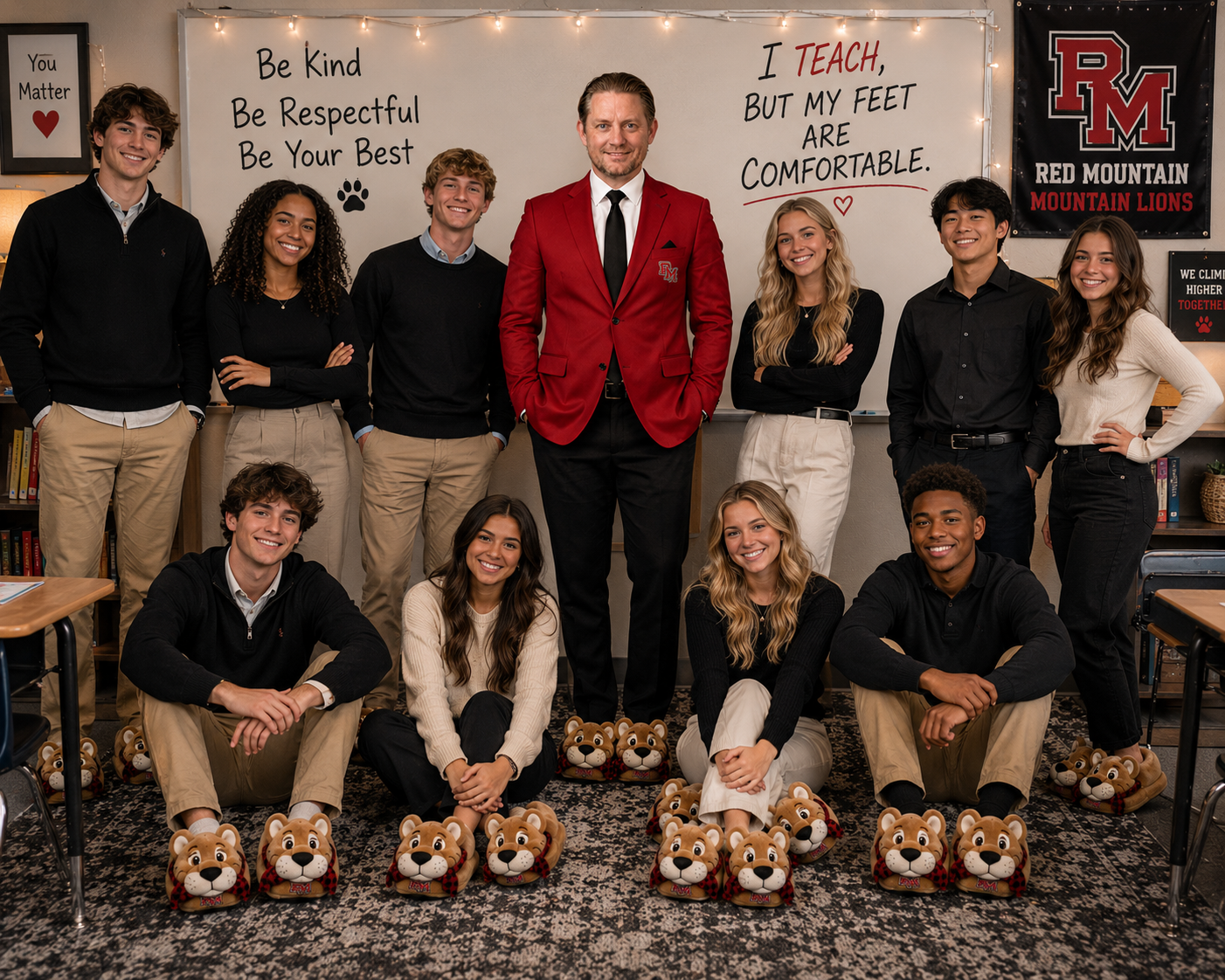 Dr. Lewis with Red Mountain High School marketing students, all wearing Mountain Lion slippers.