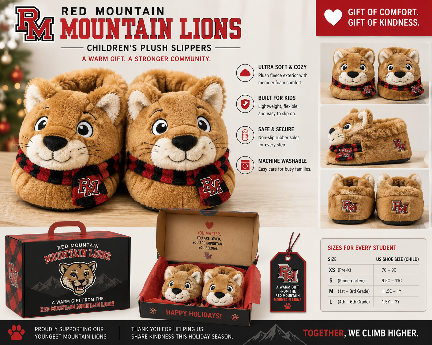 Red Mountain Mountain Lions Children's Plush Slippers product sheet with features grid and size chart from Pre-K through 6th grade.
